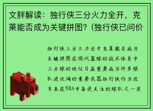 文胖解读：独行侠三分火力全开，克莱能否成为关键拼图？(独行侠已问价拉文)