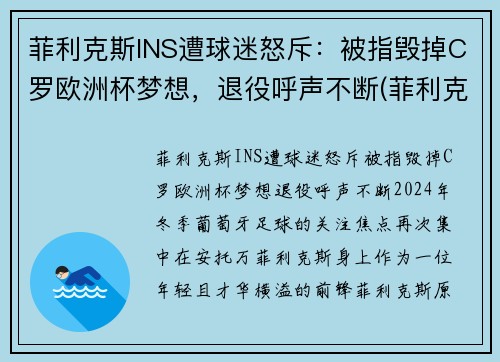 菲利克斯INS遭球迷怒斥：被指毁掉C罗欧洲杯梦想，退役呼声不断(菲利克斯比赛视频)